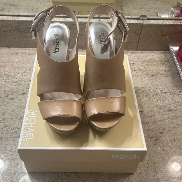 MICHAEL KORS Taupe Stacked Wedged Carla Heels/Sandals - Picture 2 of 5